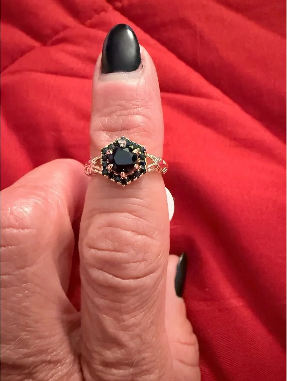 Fragrant Jewels Black Hexagon Halo Ring Rose Gold Tone Size 5
